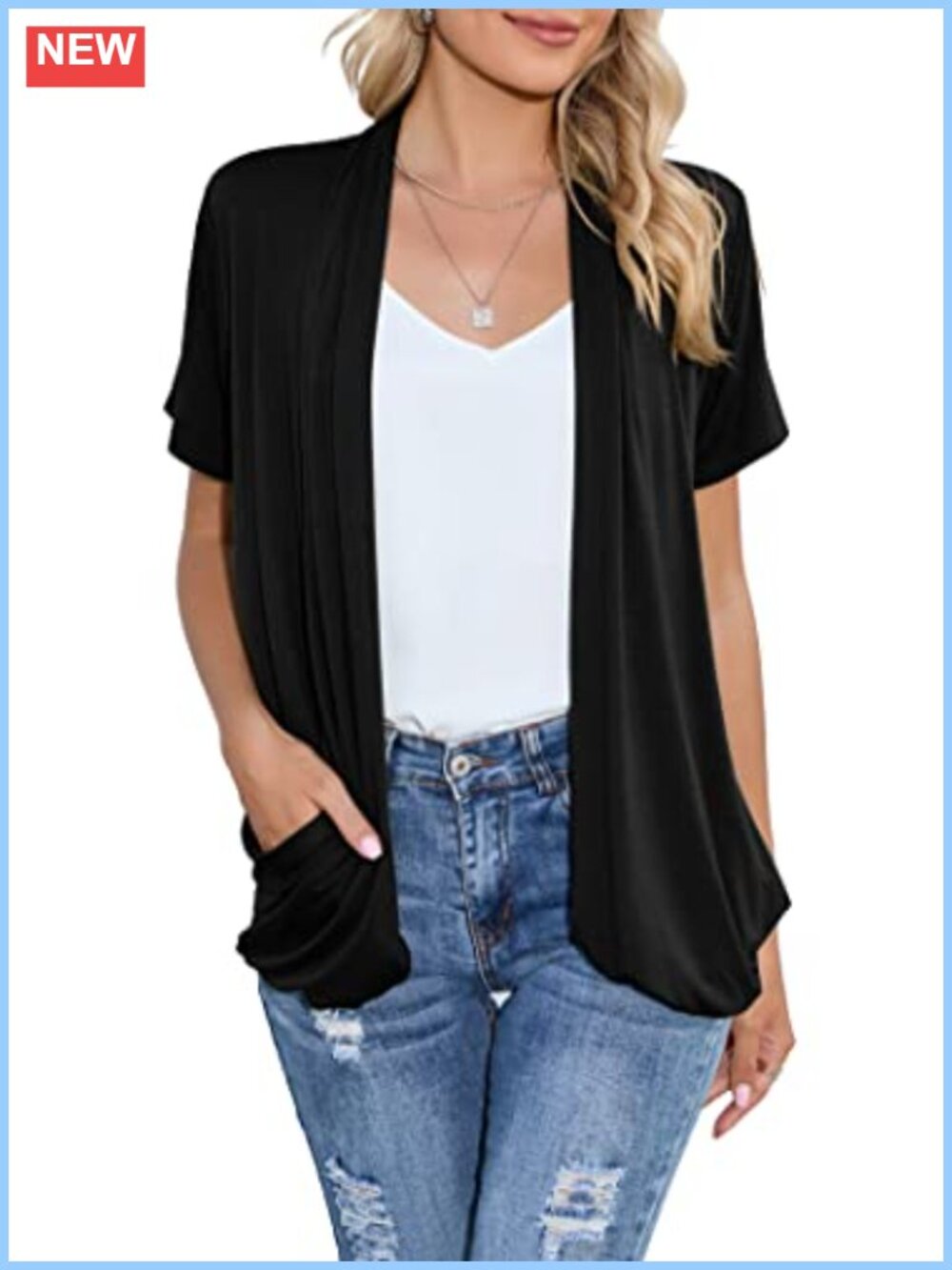 Open Front Kimono Cardigan Lightweight Short Sleeve Ruffle with Pockets